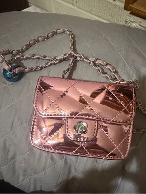 Metallic Pink Quilted Mini Crossbody Bag with Chain Strap
